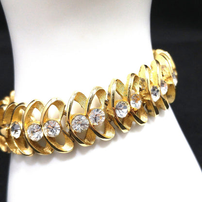 Crown Trifari Clear Rhinestone Bracelet, Gold Plated, 1960s Vintage Jewelry