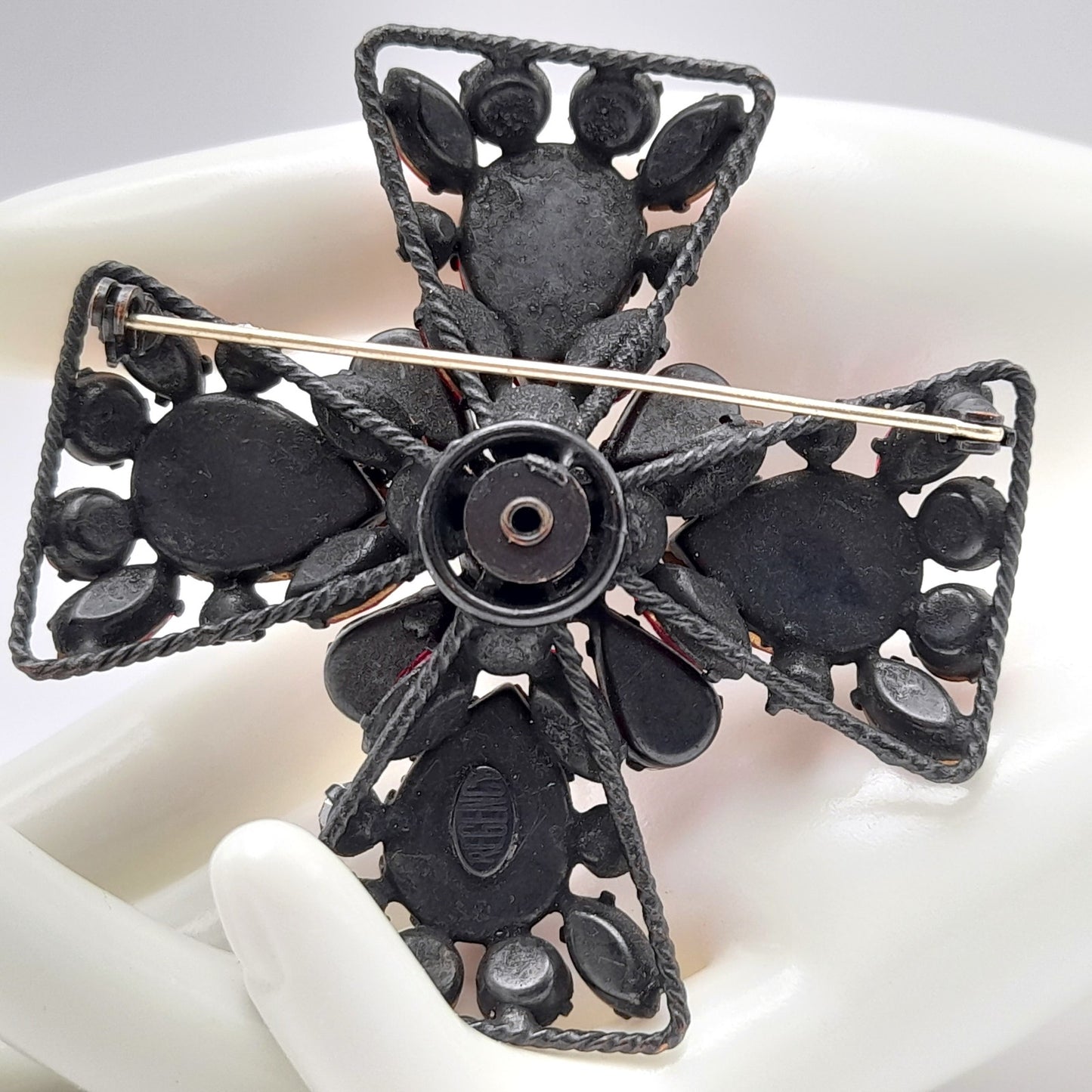 Signed Regency Red Pink Japanned Rhinestone Maltese Cross Brooch