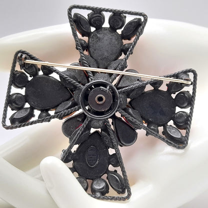 Signed Regency Red Pink Japanned Rhinestone Maltese Cross Brooch