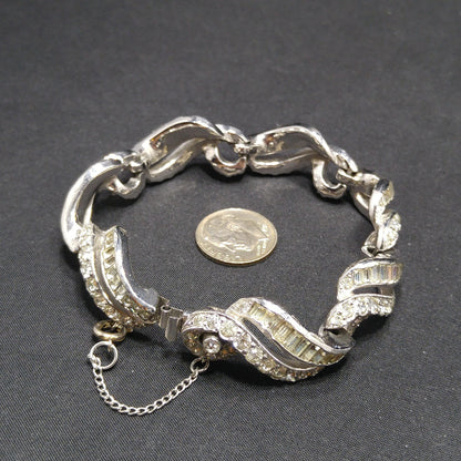 Kramer of New York Clear Rhinestone Bracelet, Rhodium Plated, Safety Chain, 1950s Vintage Jewelry