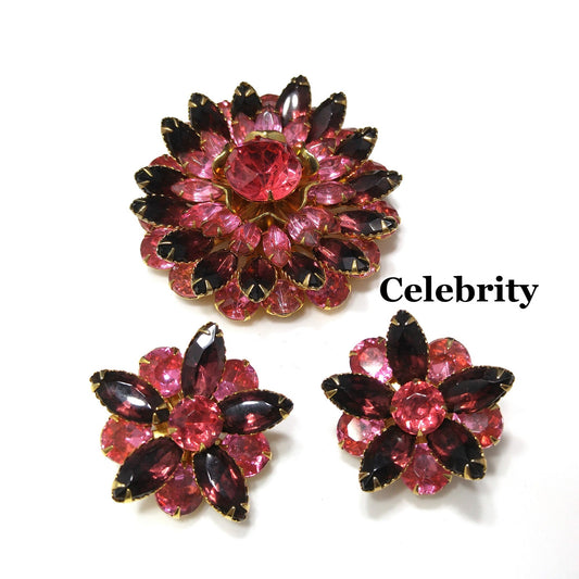 Vintage Celebrity Pink Purple Brooch & Earrings, 22K Gold Plated, 1940s