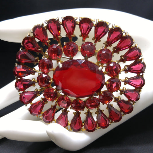 Large Red Rhinestone Sash Pin Brooch, Faceted Red Glass Stone Center, 1940s Vintage Jewelry