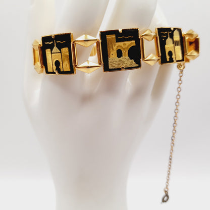 Vintage Damascene Castle Link Bracelet, Spanish Gold Black Jewelry, 7 Inch Chain