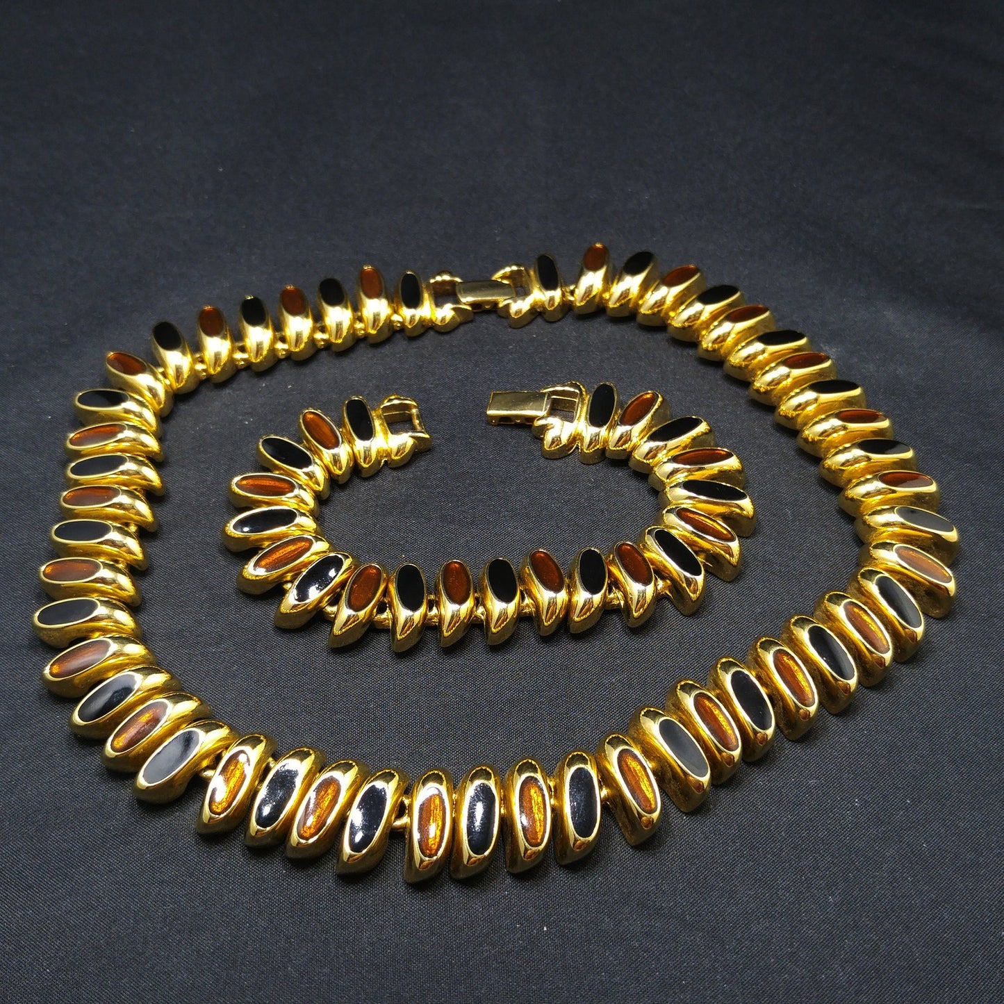 Erwin Pearl Enamel Necklace & Bracelet, Brown Black Enamel, Gold Plate, 1980s Vintage Jewelry