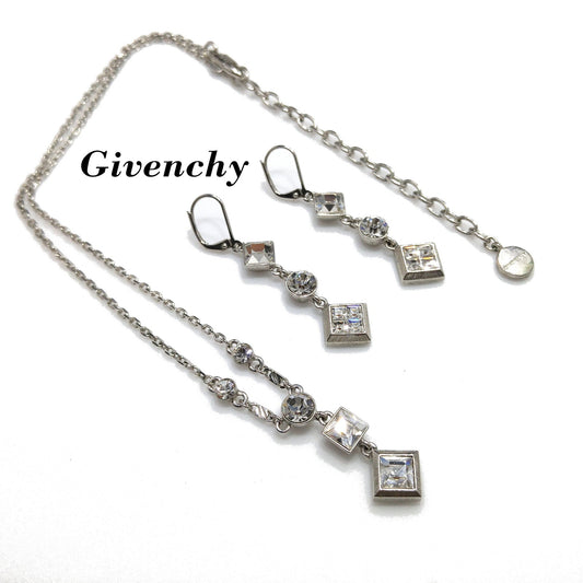 Givenchy 1990s Jewelry Set, Necklace & Earrings, Clear Rhinestones, Rhodium Plated