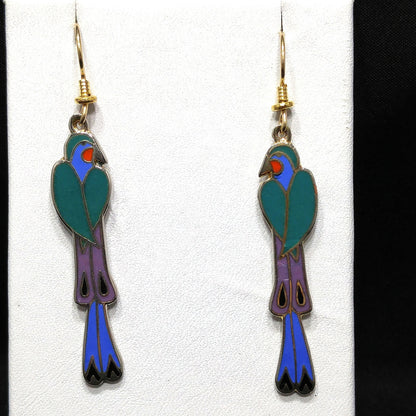 Laurel Burch "Mayan Bird" Long Earrings, Cloisonne & Enamel, 1980s Vintage