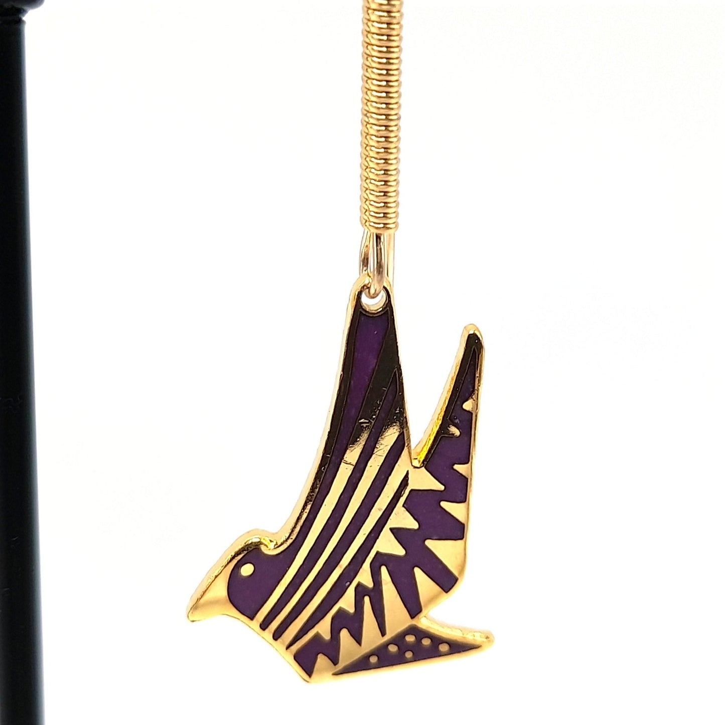 Laurel Burch Long Ear Wire Bird Earrings, Purple Enamel, Gold Plated, 1990s Vintage Jewelry