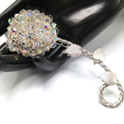 Vintage Austrian Crystal Flower Brooch, Aurora Borealis, Rhodium Plated Stem Leaves, 1960s Vintage Jewelry