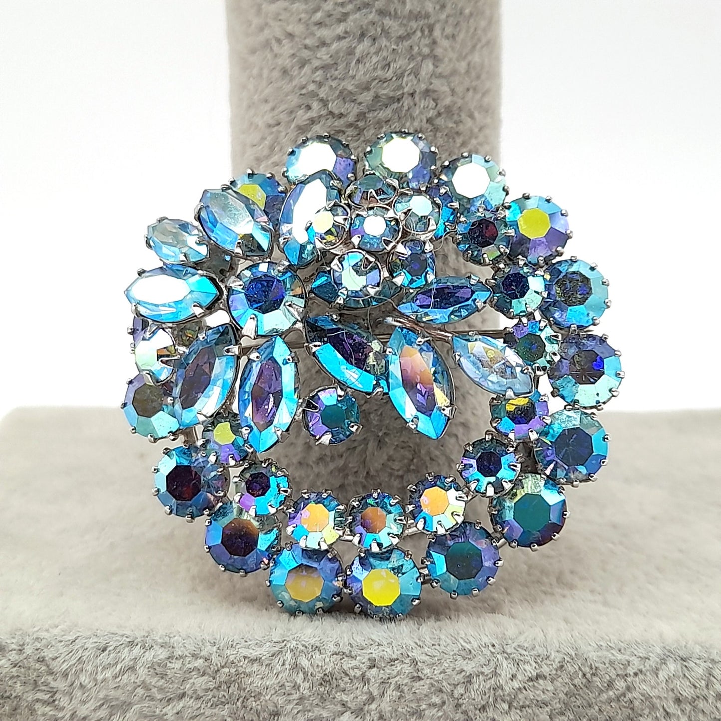 Vintage Sherman Blue Aurora Borealis Rhinestone Brooch