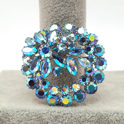 Vintage Sherman Blue Aurora Borealis Rhinestone Brooch
