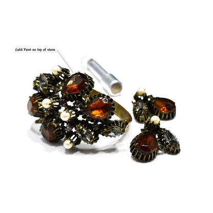 Hobe' Rhinestone Cuff Bracelet & Clip Earrings, Topaz Clear Rhinestone, Faux Pearls, 1950s