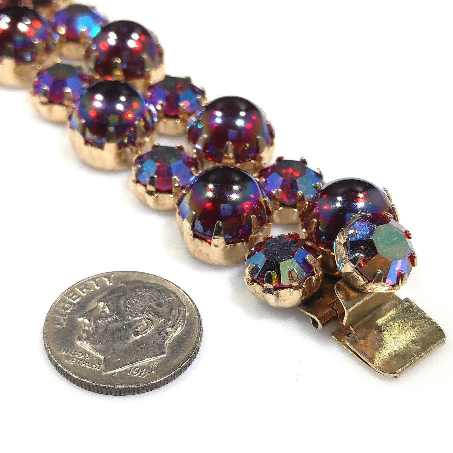 Mid-Century Red Aurora Borealis Rhinestone Cabochon Bracelet, Gold Plated, 1960s Vintage Jewelry