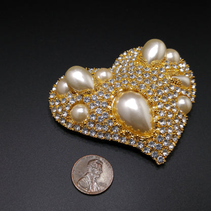 Scaasi Heart Faux Pearl Brooch Pendant, Designer Runway Jewelry, 1980s Vintage Jewelry