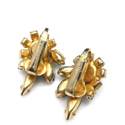 Sherman Green & Blue Rhinestone Earrings, Gold Plated, 1960s Vintage Jewelry