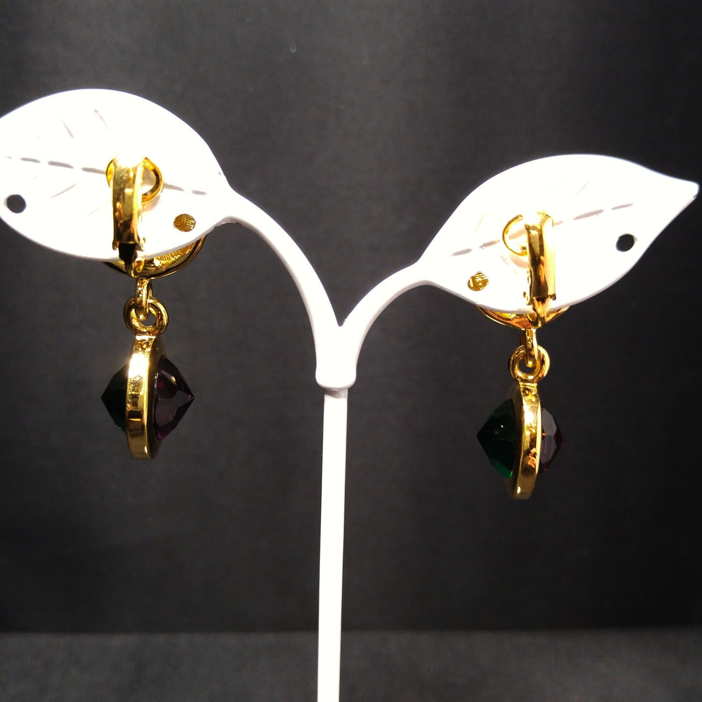 Swarovski Gold Plated Drop Earrings, Blue Green Purple Crystals, Vintage 1990s Swan Logo