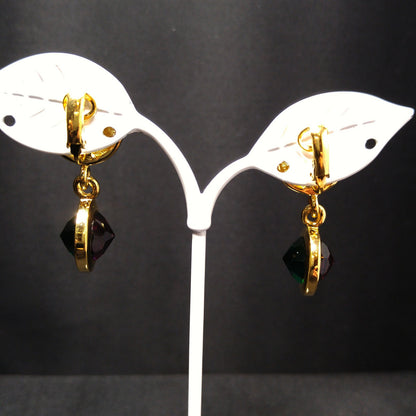 Swarovski Gold Plated Drop Earrings, Blue Green Purple Crystals, Vintage 1990s Swan Logo