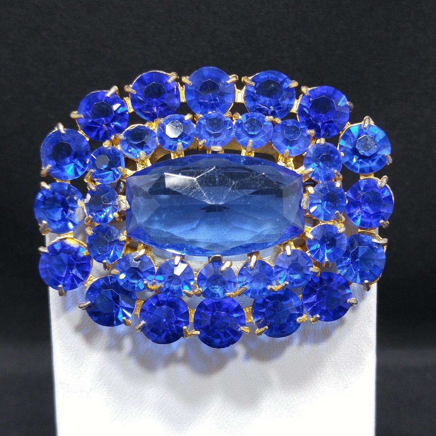 Cobalt Blue Glass Rhinestone Brooch, Large Center Blue Stone, 1940s Vintage Jewelry