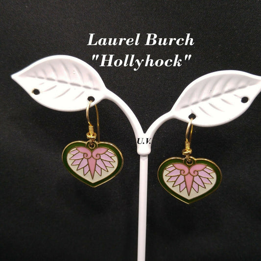 Laurel Burch Hollyhock Floral Earrings, Gold Plated Cloisonne, Enamel, 1980s