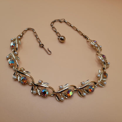 Vintage Light Topaz Rhinestone Choker Necklace, Faux Pearls, 1950s, 15 In