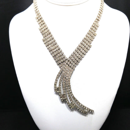 Vintage 1950s Rhinestone Statement Necklace – Five Strand Fringe Drop – Clear Crystal Bridal Jewelry