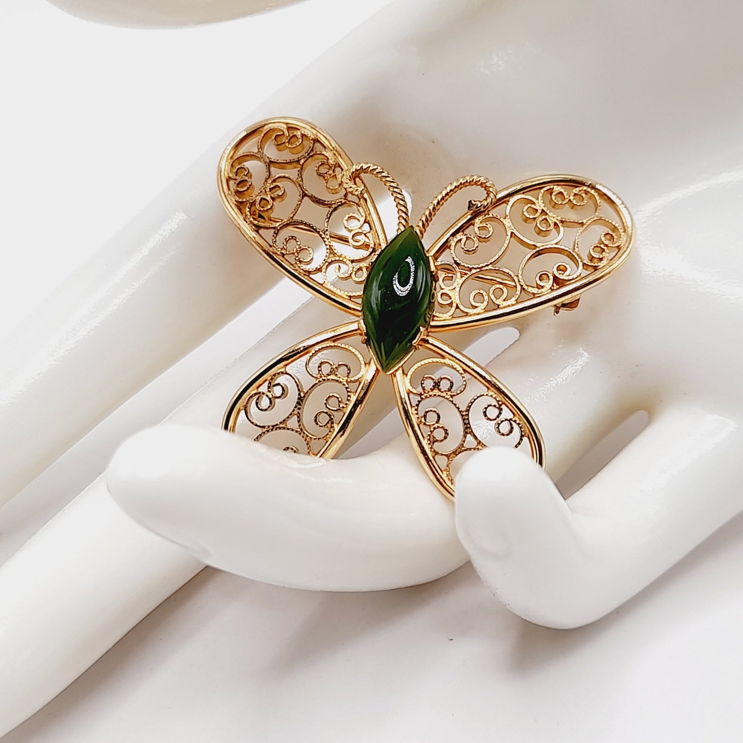 Vintage Gold Filled Butterfly Brooch Green Gemstone Center 1-20 14K GF
