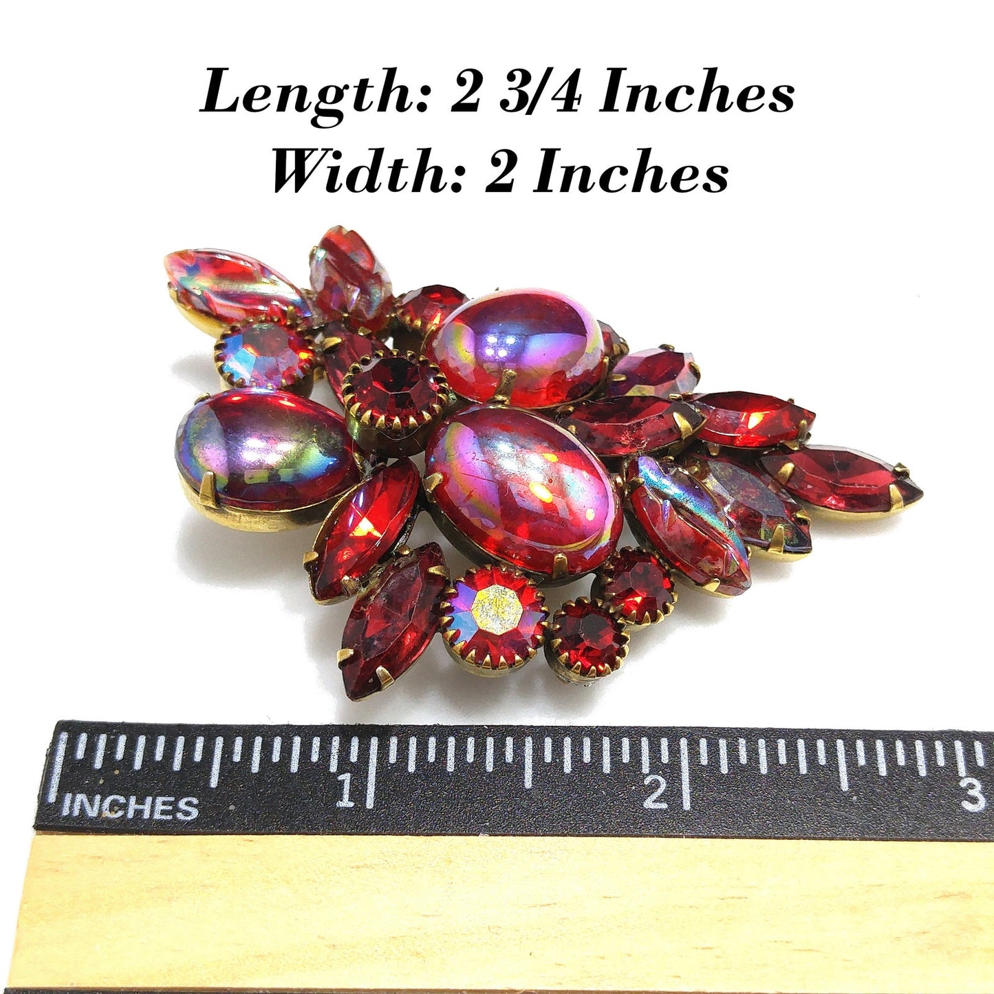 Kramer Red Iridescent Rhinestone Brooch, Aurora Borealis Rhinestones, 1960s Vintage Jewelry