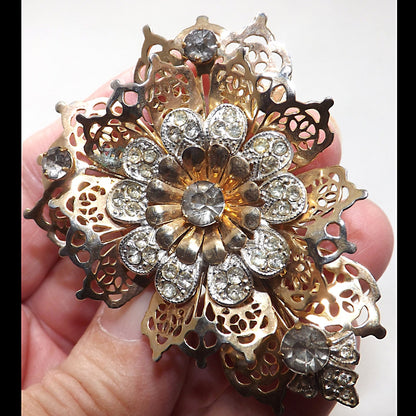 BARCLAY Fur Clip & Brooch, Gold Plated Filigree, Rhinestones, 1940s Vintage Jewelry