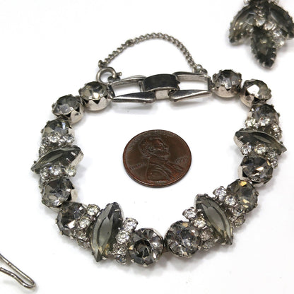 Black Diamond & Clear Rhinestone Jewelry Set, Necklace Bracelet Clip Earrings, 1950s Vintage Jewelry