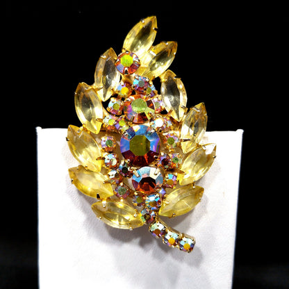Yellow & Topaz Aurora Borealis Rhinestone Leaf Brooch, Open Back Stones, Gold Plated, 1960s Vintage Jewelry