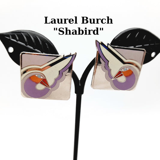 Vintage Laurel Burch "Shabird" Lavender Bird Post Earrings - Rhodium Plated - 1 Inch