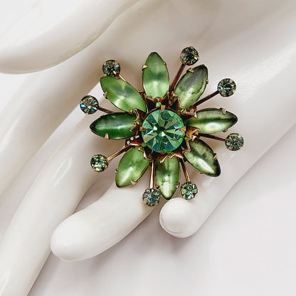 Vintage 1950s Uranium Glass Green Rhinestone Brooch Gold Filigree 1.75”