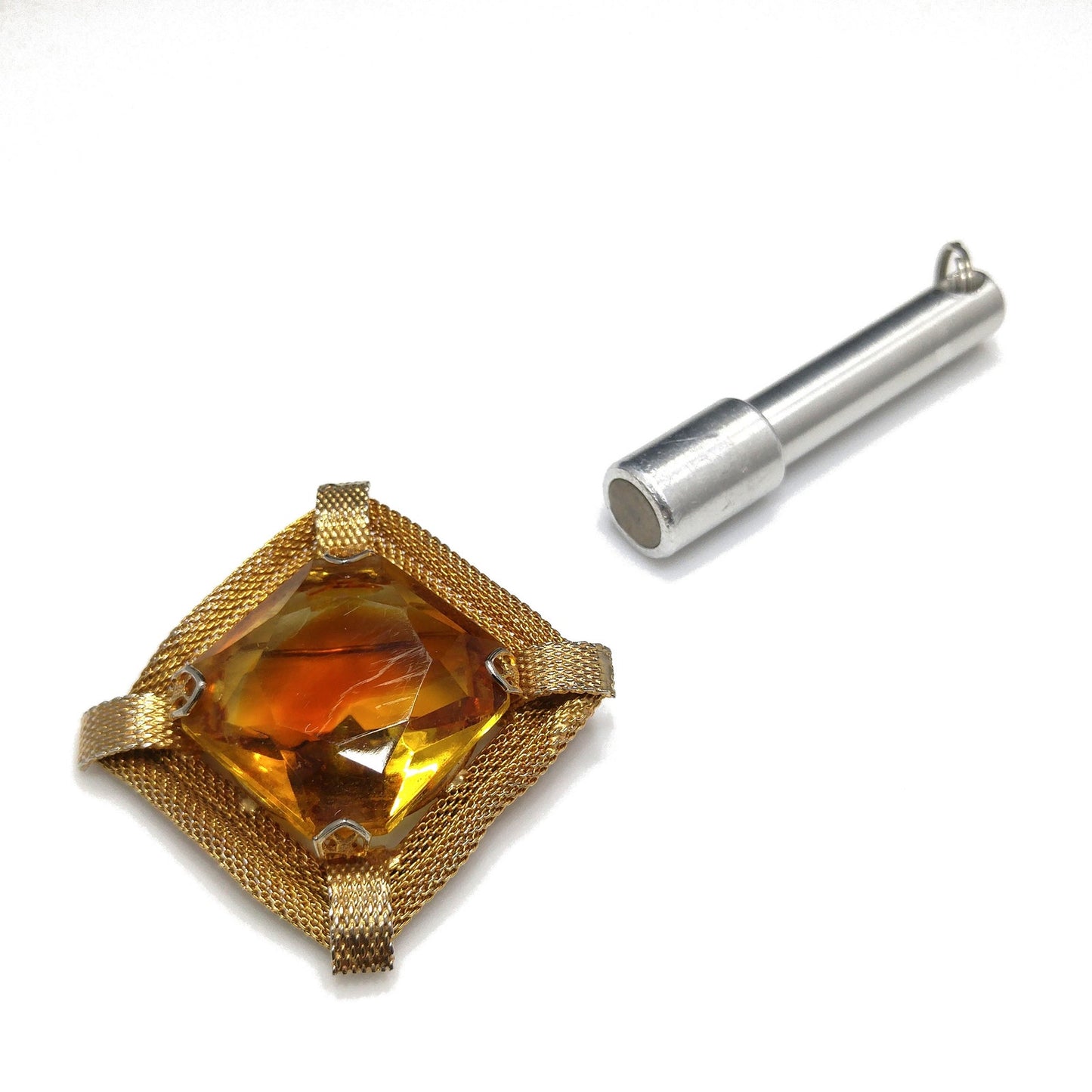 Light Topaz Glass Large Stone Brooch, Gold Plated Mesh Frame, 1960s Vintage Jewelry