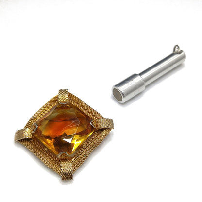 Light Topaz Glass Large Stone Brooch, Gold Plated Mesh Frame, 1960s Vintage Jewelry