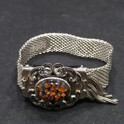 Whiting & Davis Co. Mesh Glitter Glass Bracelet, Adjustable Slide Clasp, 1950s Vintage Jewelry