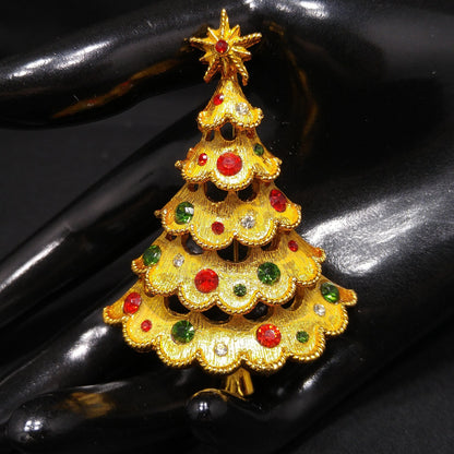 Mylu Christmas Tree Brooch, Red Green Rhinestones, Gold Tone, 1960s Vintage