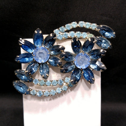 Blue Rhinestone Floral Brooch, Rhodium Plated, 1960s Vintage Jewelry