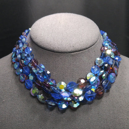 Blue Purple Aurora Borealis Necklace, Hand Knotted Four Strands, 1950s Vintage Jewelry