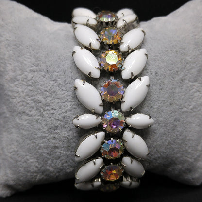 Weiss Milk Glass Bracelet, Aurora Borealis, Rhodium, 1960s Vintage Jewelry