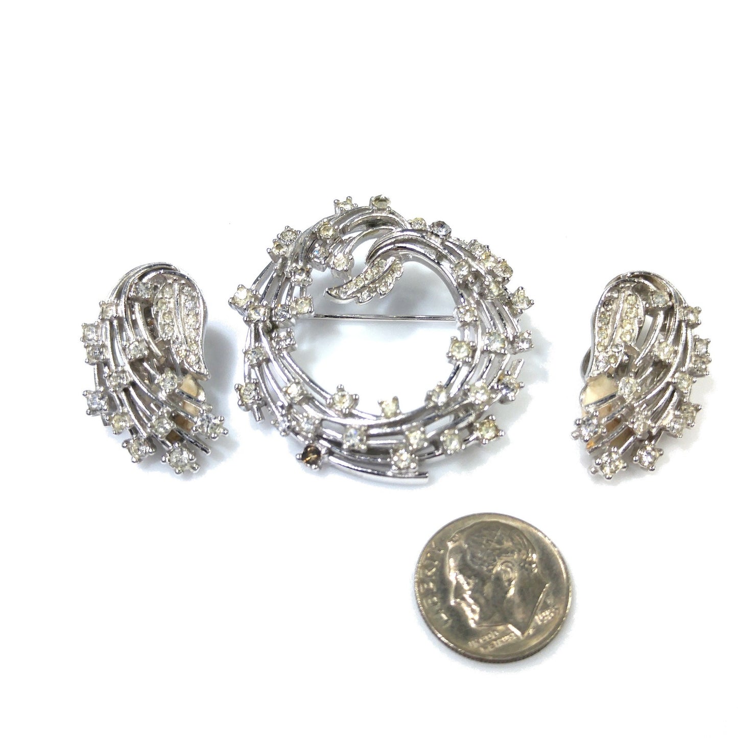 Ciner Clear Rhinestone Brooch & Earrings, Rhodium Plated, 1950s Vintage Jewelry