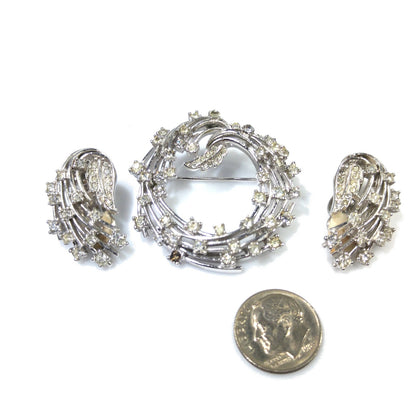 Ciner Clear Rhinestone Brooch & Earrings, Rhodium Plated, 1950s Vintage Jewelry