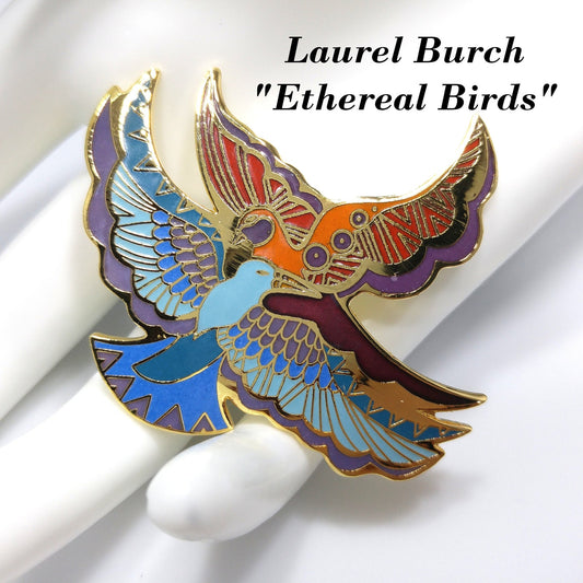 Laurel Burch "Ethereal Birds" Brooch, Cloisonné and Enamel, Gold Plated, 1980s Vintage Jewelry