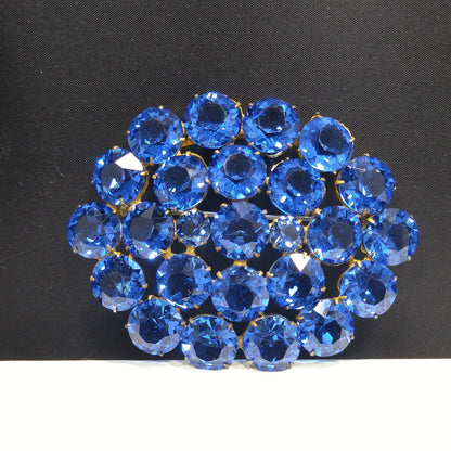 Art Deco Czech Blue Brooch, Open Back Glass Rhinestones, 1940s Vintage Jewelry