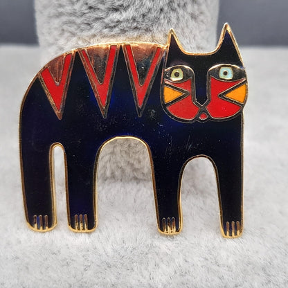 Laurel Burch Magicat Brooch, Black Red Enamel Cloisonne, Gold Plated, 1980s Vintage Jewelry