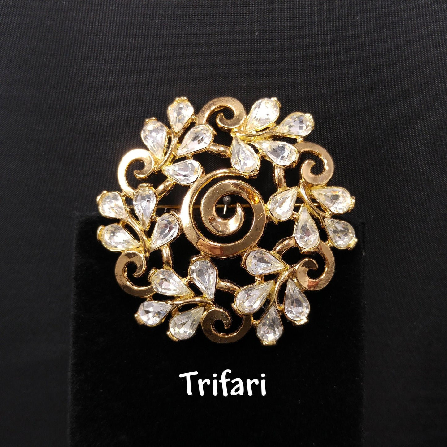 Crown Trifari Floral Brooch, Gold Plated, Clear Rhinestones, 1960s Vintage