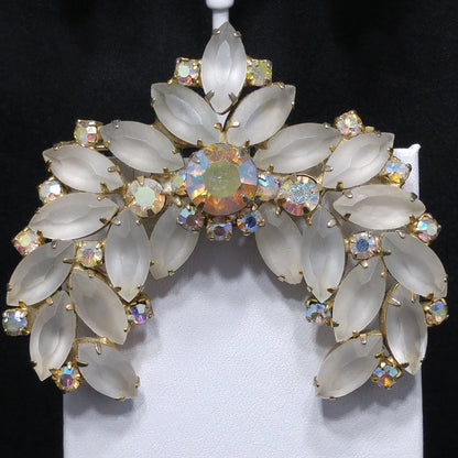 Frosty Rhinestone Brooch & Clip Earrings, Aurora Borealis, Gold Plated, 1960s Vintage Jewelry