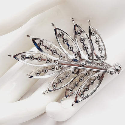 Vintage Clear Rhinestone Leaf Brooch Silver Tone Pin - 2 3/4 Inches Lightweight