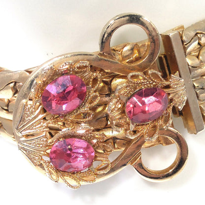 Pink Rhinestone Curb Chain Bracelet, Gold Plated, 1960s Vintage Jewelry