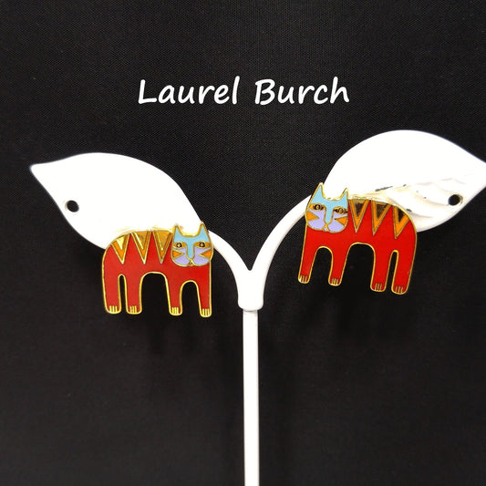 Vintage Laurel Burch Red Cat Post Earrings, Gold Plated Enamel