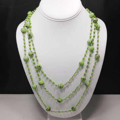 Art Deco 1920s Hand Painted Green Glass Bead Flapper Necklace 70" Wire Wrapped