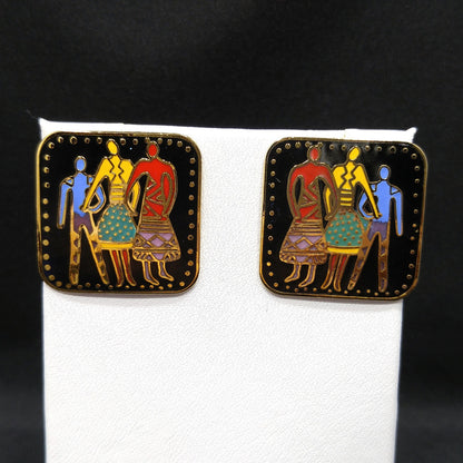 Vintage Laurel Burch "Familia" Post Earrings, Gold Plate Enamel